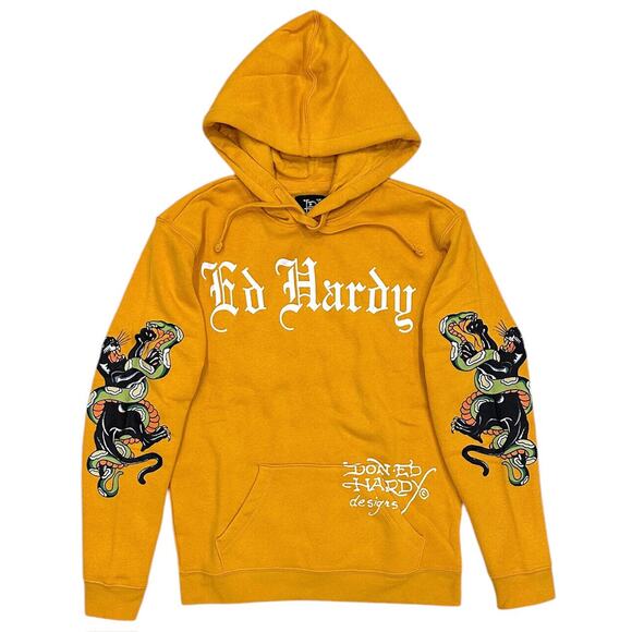 Ed Hardy Men's Hoodie Panther Snake Fleece Pullover Sweatshirt in Marigold - Picture 2 of 3